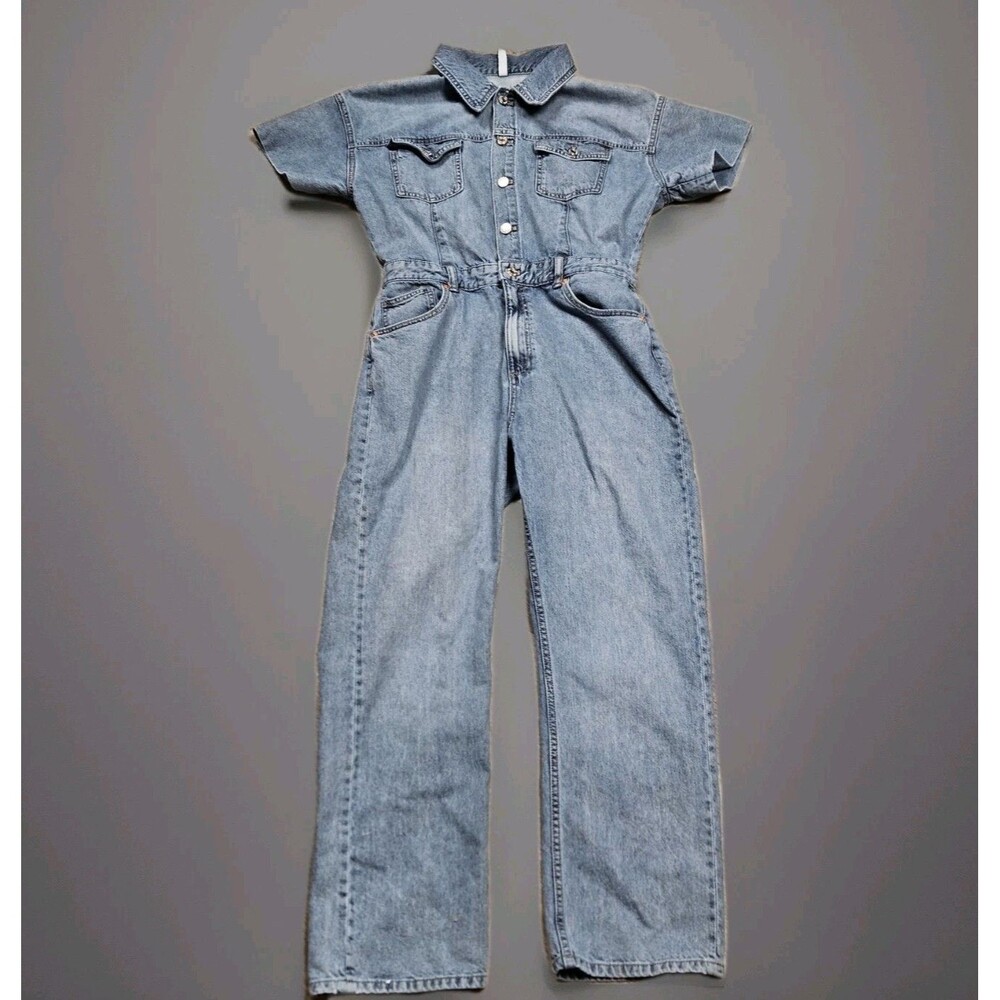 Zara Denim Long Jumpsuit Shortsleeve Blue Straight Leg Full Length Size Large
